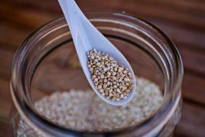 Close up of a spoon full of quinoa seeds
